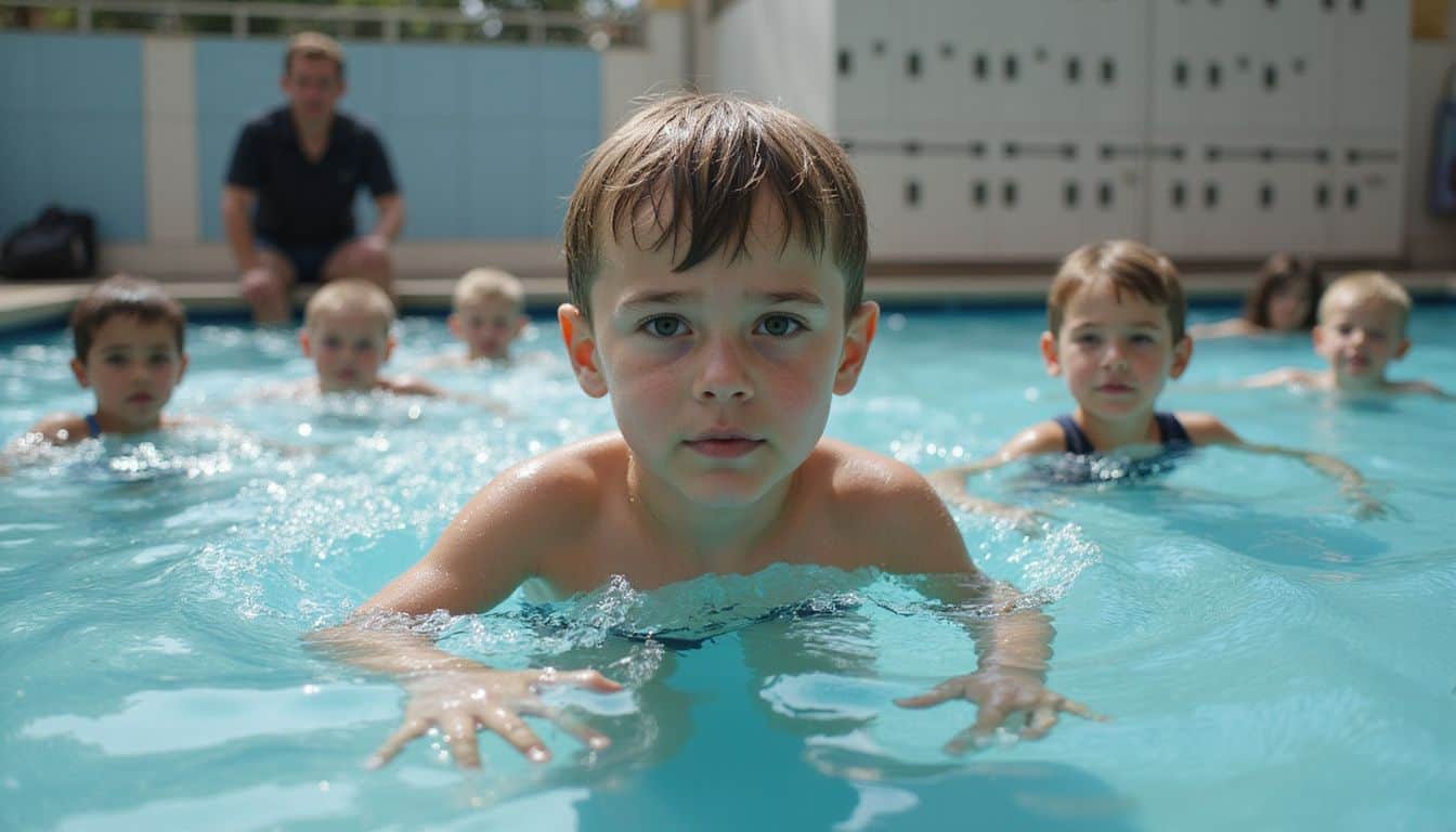 A focused seven-year-old swims in a community pool, receiving encouragement from a attentive instructor amidst other children. A focused seven-year-old swims in a community pool, receiving encouragement from a attentive instructor amidst other children.