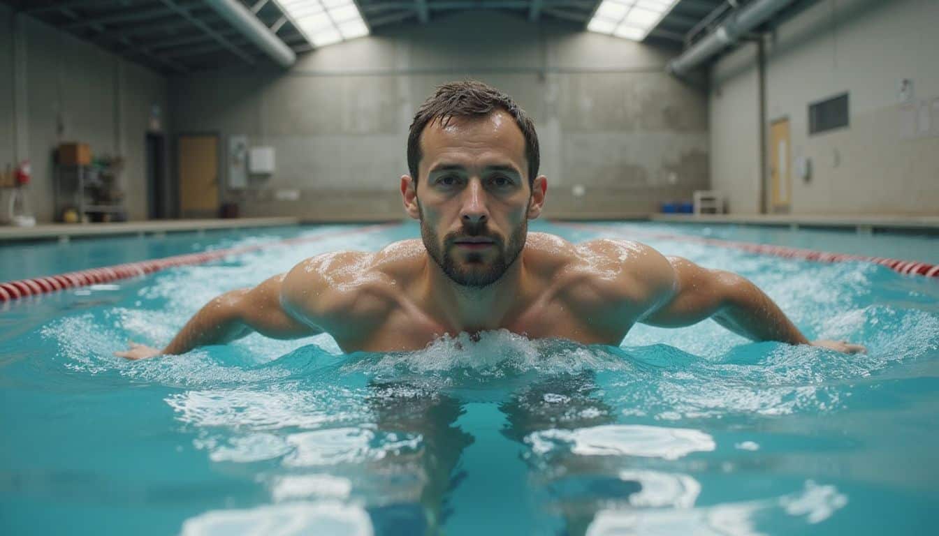 A middle-aged man swims laps in an indoor public pool, showcasing focused determination and muscular definition. A middle-aged man swims laps in an indoor public pool, showcasing focused determination and muscular definition.