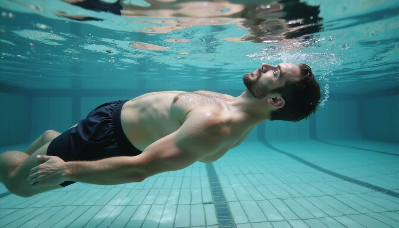 A man practices treading water and floating in a clear swimming pool, demonstrating focused control and relaxation. A man practices treading water and floating in a clear swimming pool, demonstrating focused control and relaxation.