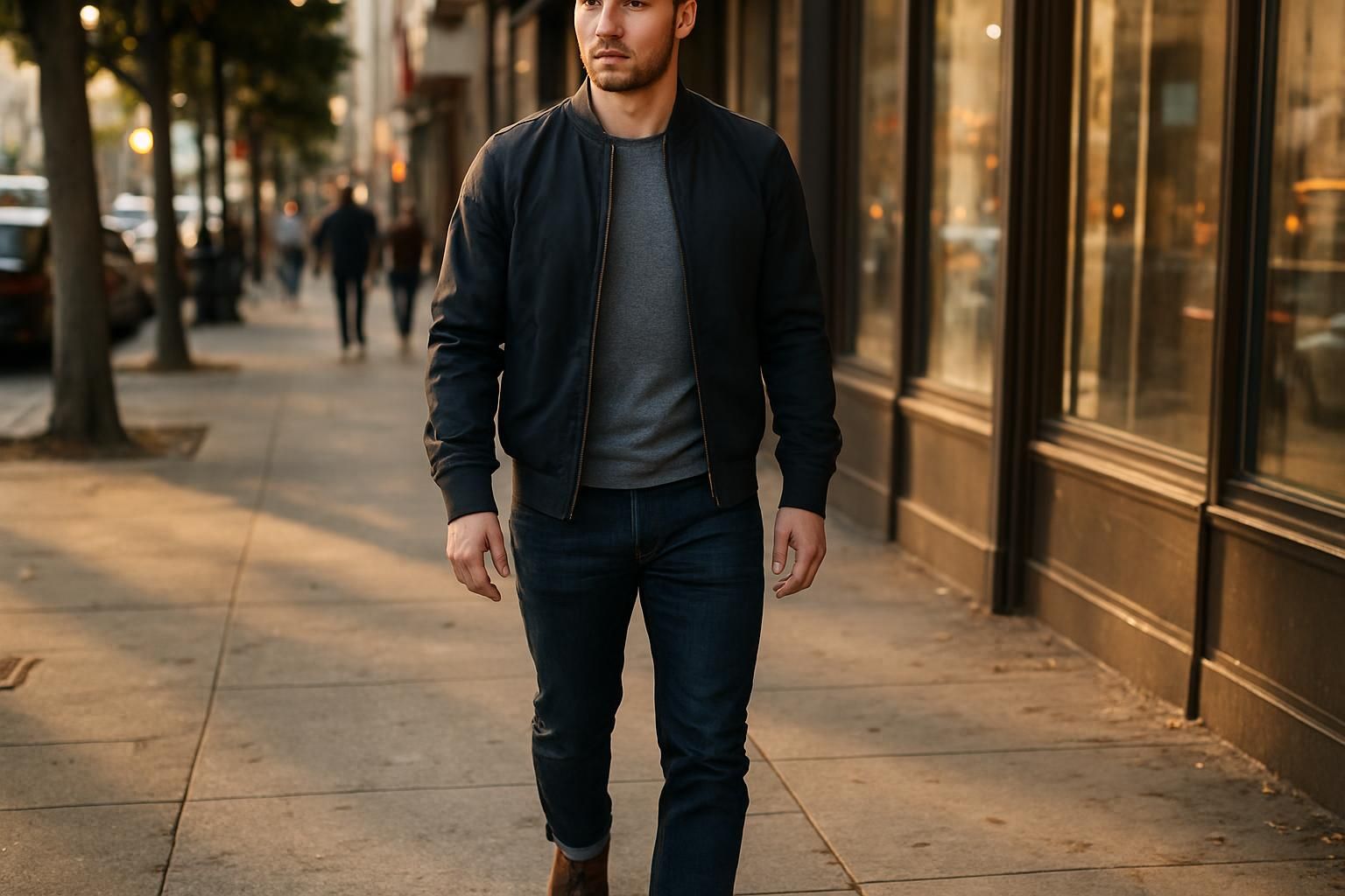 A man with an athletic build walks confidently down a bustling city street, dressed in a bomber jacket and polished boots. A man with an athletic build walks confidently down a bustling city street, dressed in a bomber jacket and polished boots.