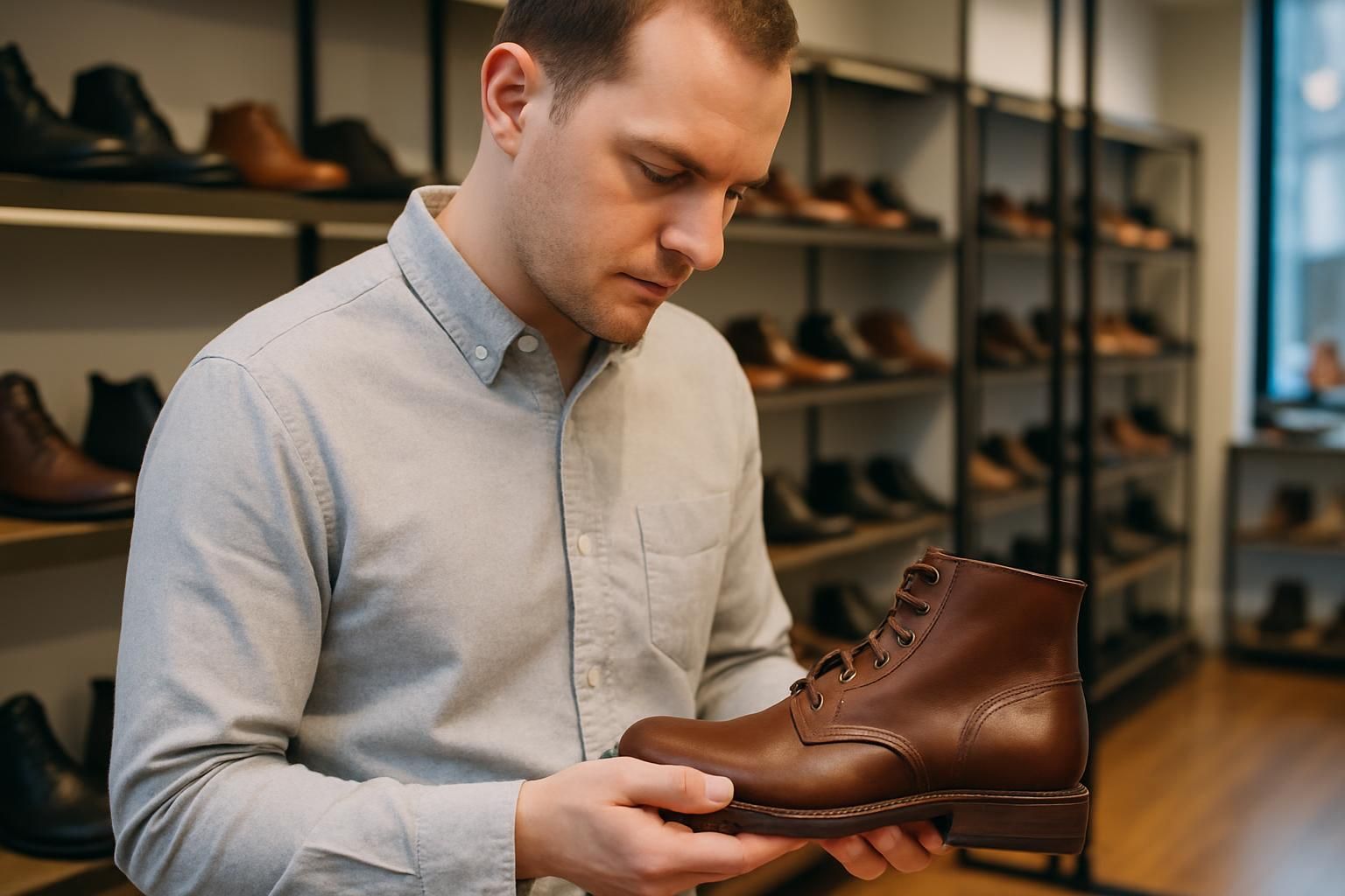 A man in a fitted shirt examines leather boots thoughtfully in a well-organized shoe store. A man in a fitted shirt examines leather boots thoughtfully in a well-organized shoe store.