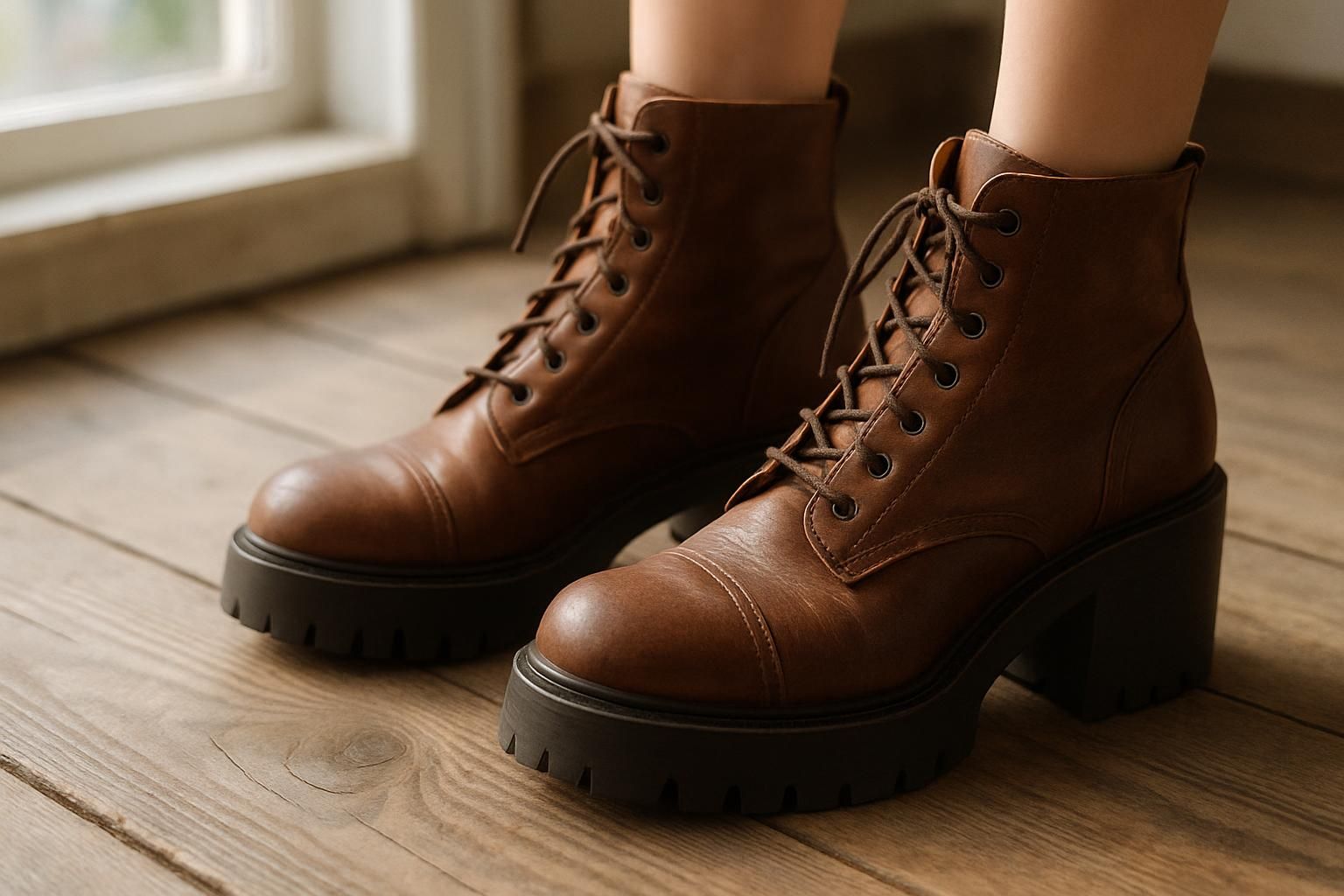A pair of worn leather boots rests on a weathered wooden floor, showcasing their rugged design and character. A pair of worn leather boots rests on a weathered wooden floor, showcasing their rugged design and character.