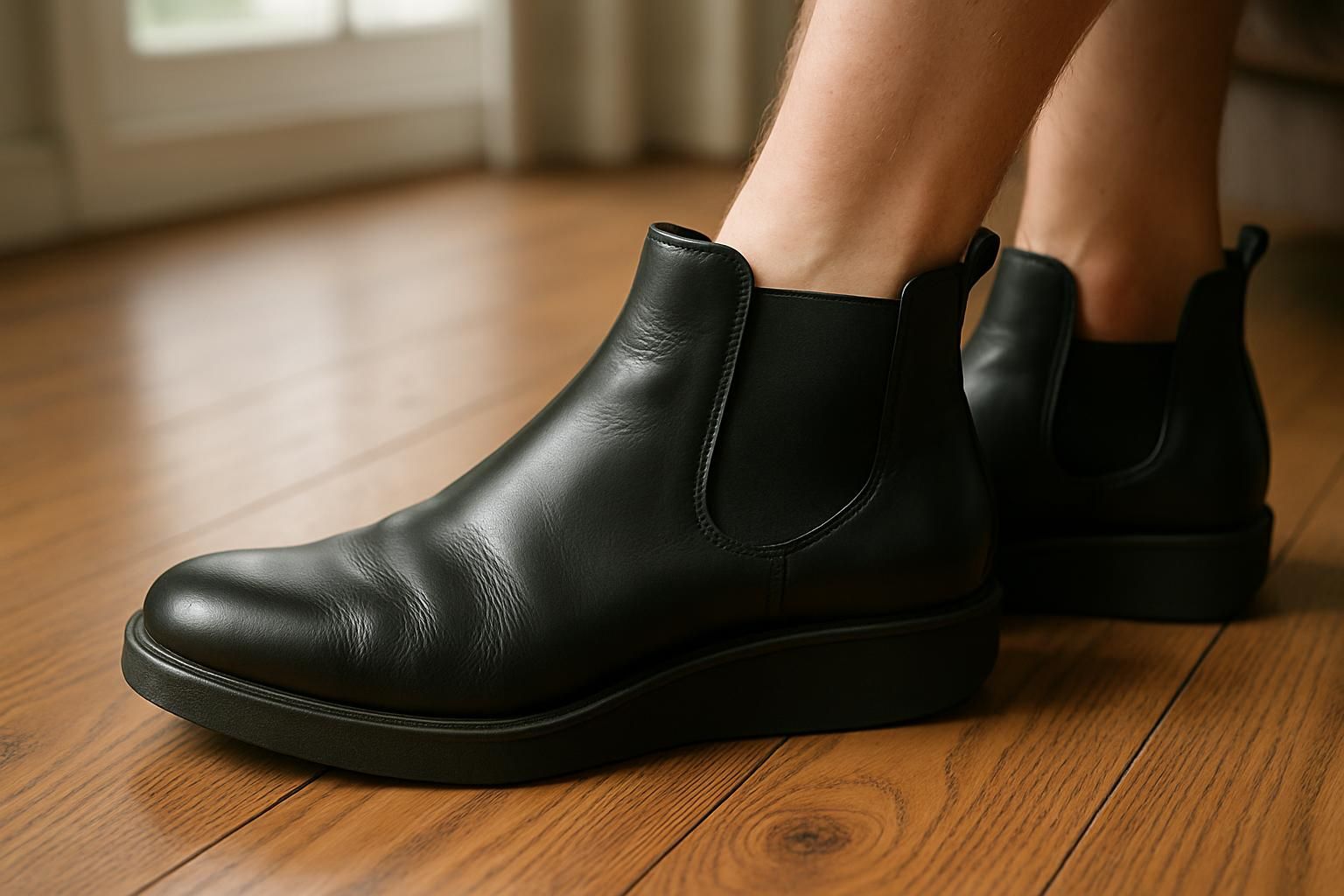 The image features polished black leather Chelsea boots on a hardwood floor, capturing their texture and intricate details. The image features polished black leather Chelsea boots on a hardwood floor, capturing their texture and intricate details.
