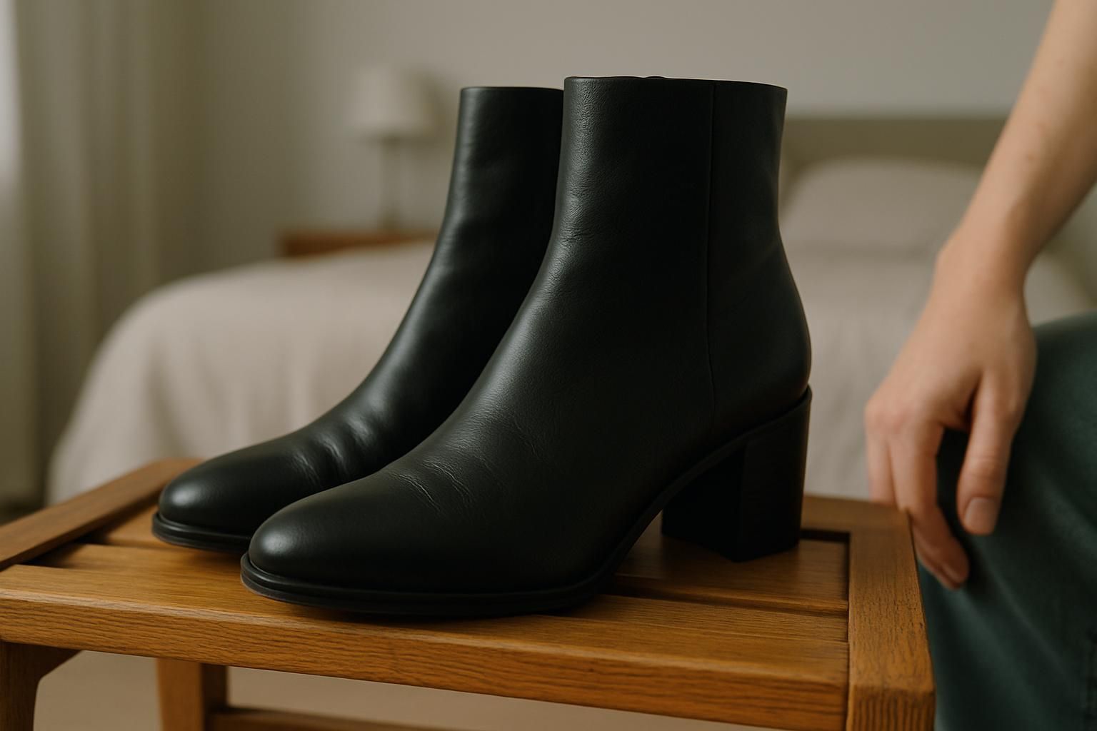 The image features elegant black leather boots displayed on a polished wooden shoe rack in a modern bedroom setting. The image features elegant black leather boots displayed on a polished wooden shoe rack in a modern bedroom setting.