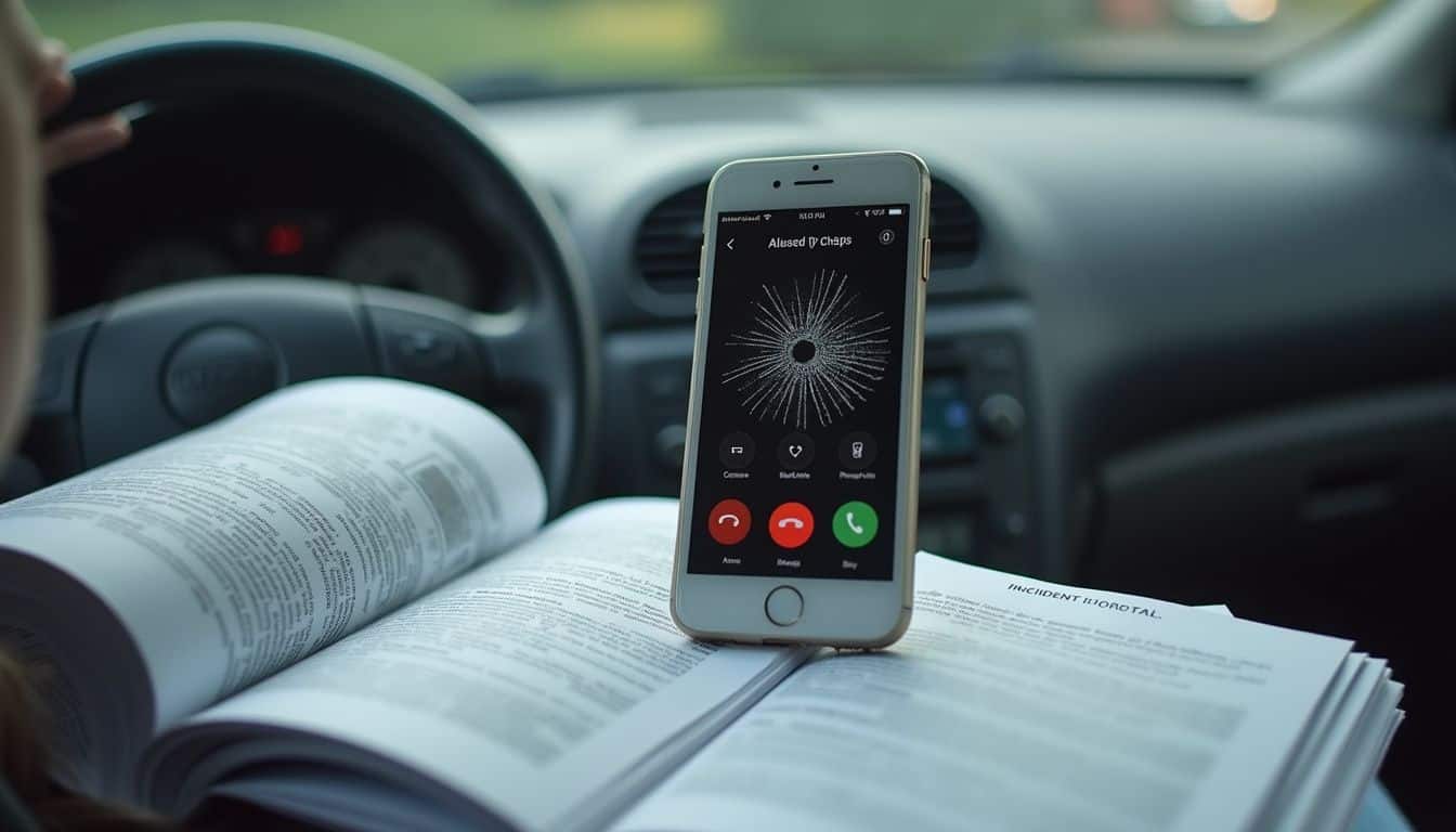 Car dashboard with cracked phone, insurance papers, and an open accident report guide. Car dashboard with cracked phone, insurance papers, and an open accident report guide.