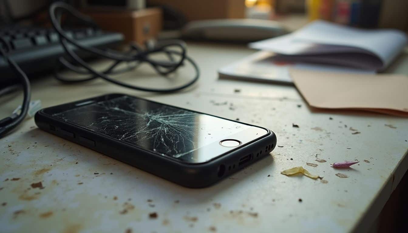 Cracked phone on a desk covered with wires and loose papers. Cracked phone on a desk covered with wires and loose papers.
