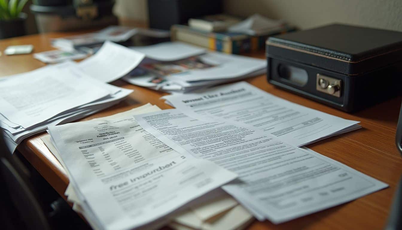 Desk with insurance papers, accident reports, and printed photos in labeled piles. Desk with insurance papers, accident reports, and printed photos in labeled piles.