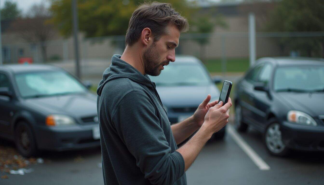 Man takes photos of vehicle damage in a parking lot. Man takes photos of vehicle damage in a parking lot.