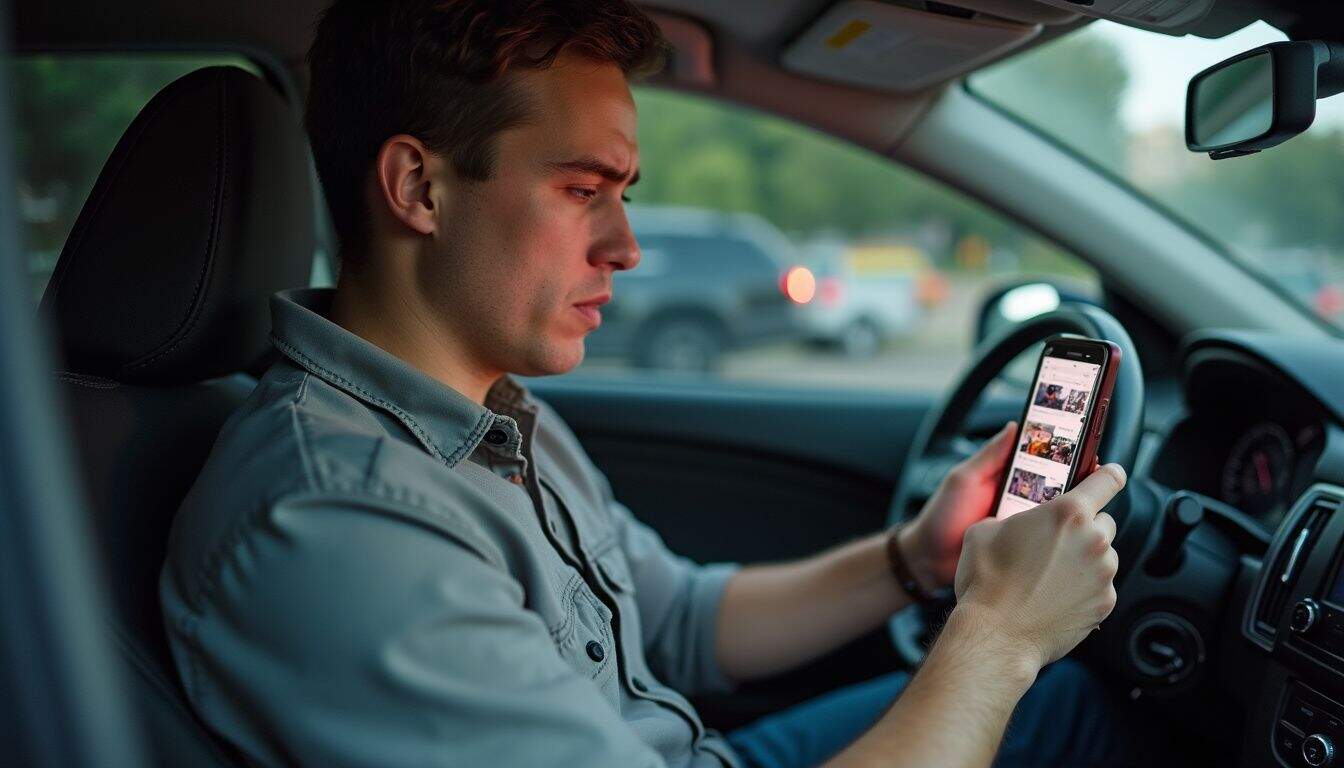 Man in a car scrolling his phone with a concerned look. Man in a car scrolling his phone with a concerned look.