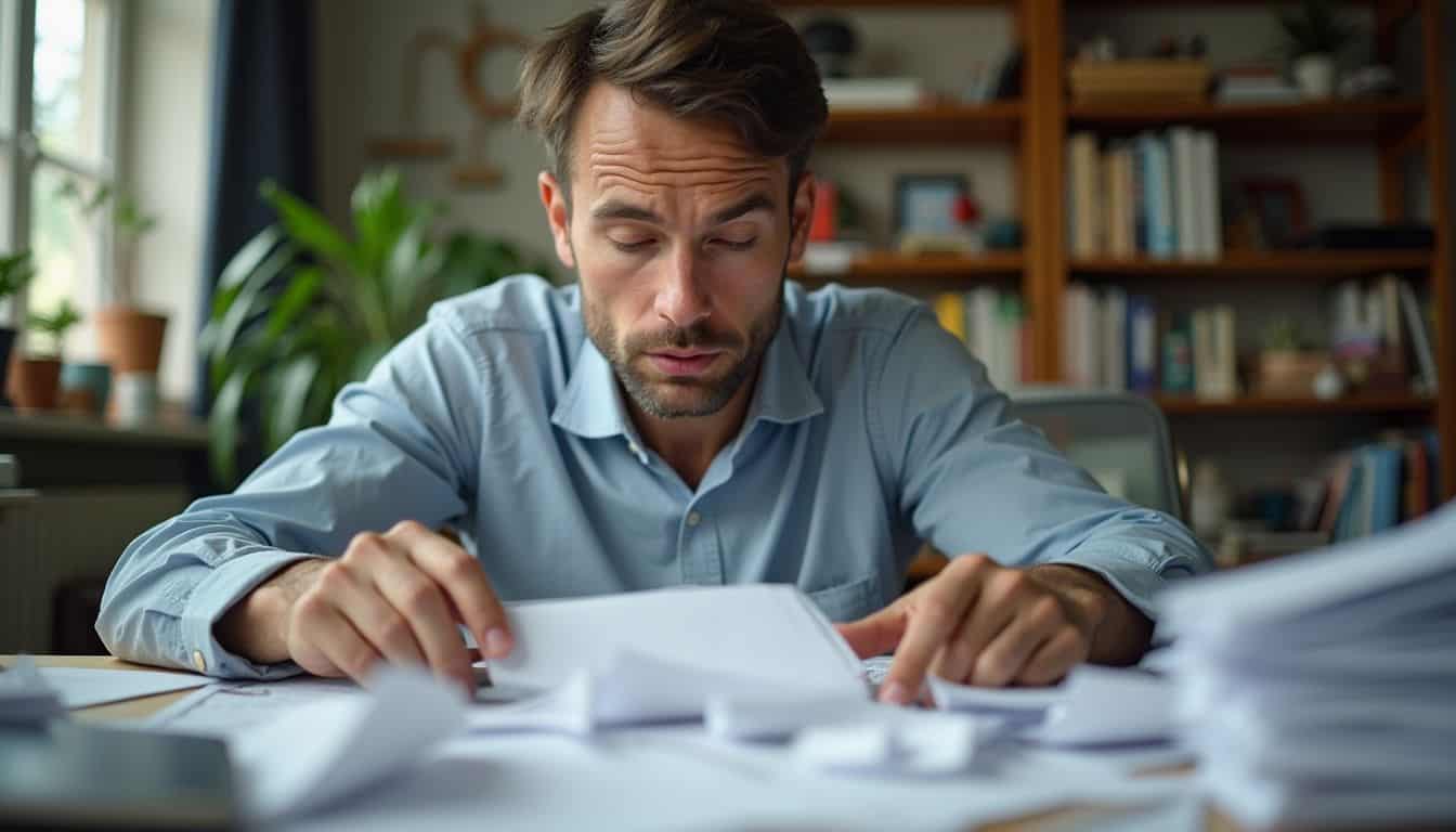 Man searches a messy desk for insurance papers and medical bills. Man searches a messy desk for insurance papers and medical bills.