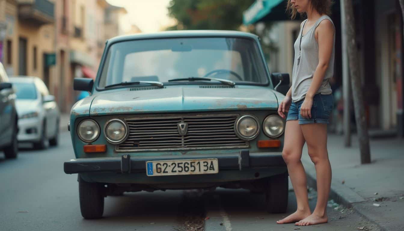 Car with a cracked bumper; a person stands nearby, calm but cautious. Car with a cracked bumper; a person stands nearby, calm but cautious.