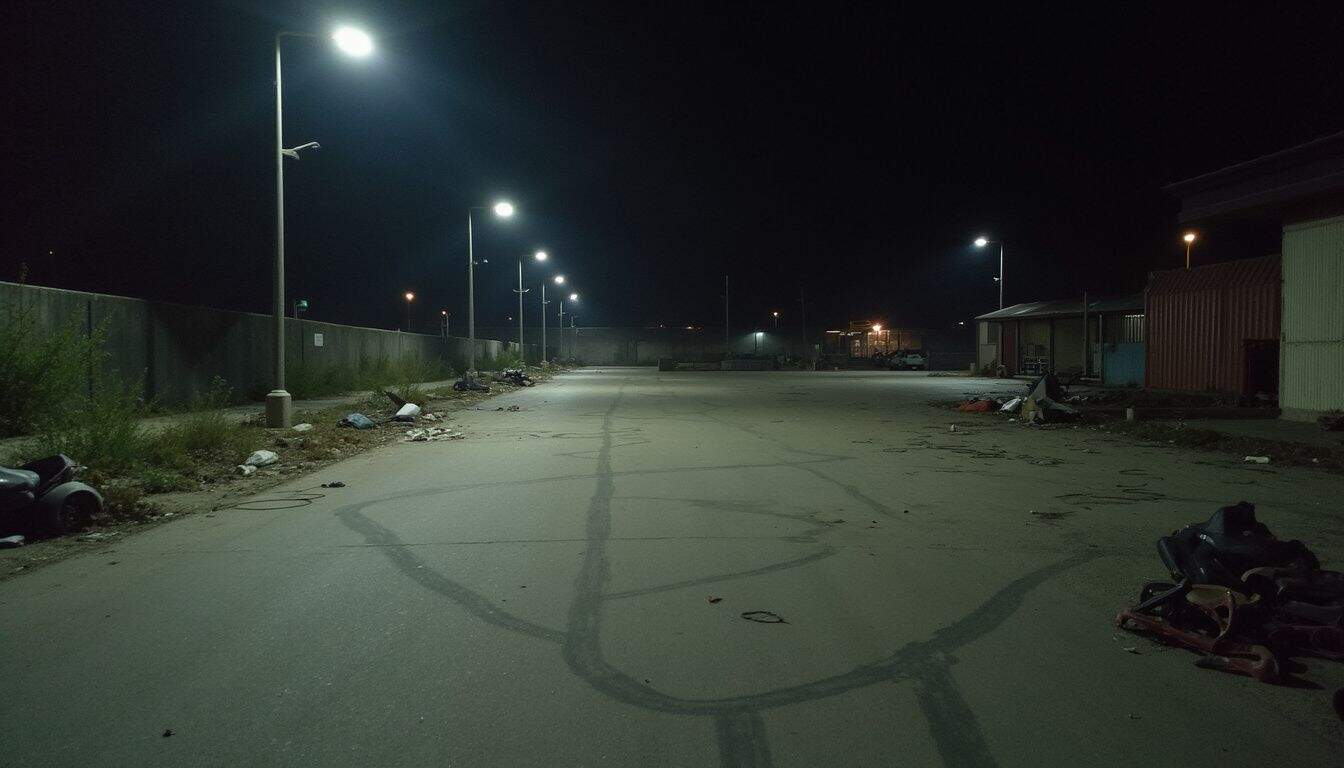 Empty lot at night with skid marks and broken car parts left behind. Empty lot at night with skid marks and broken car parts left behind.