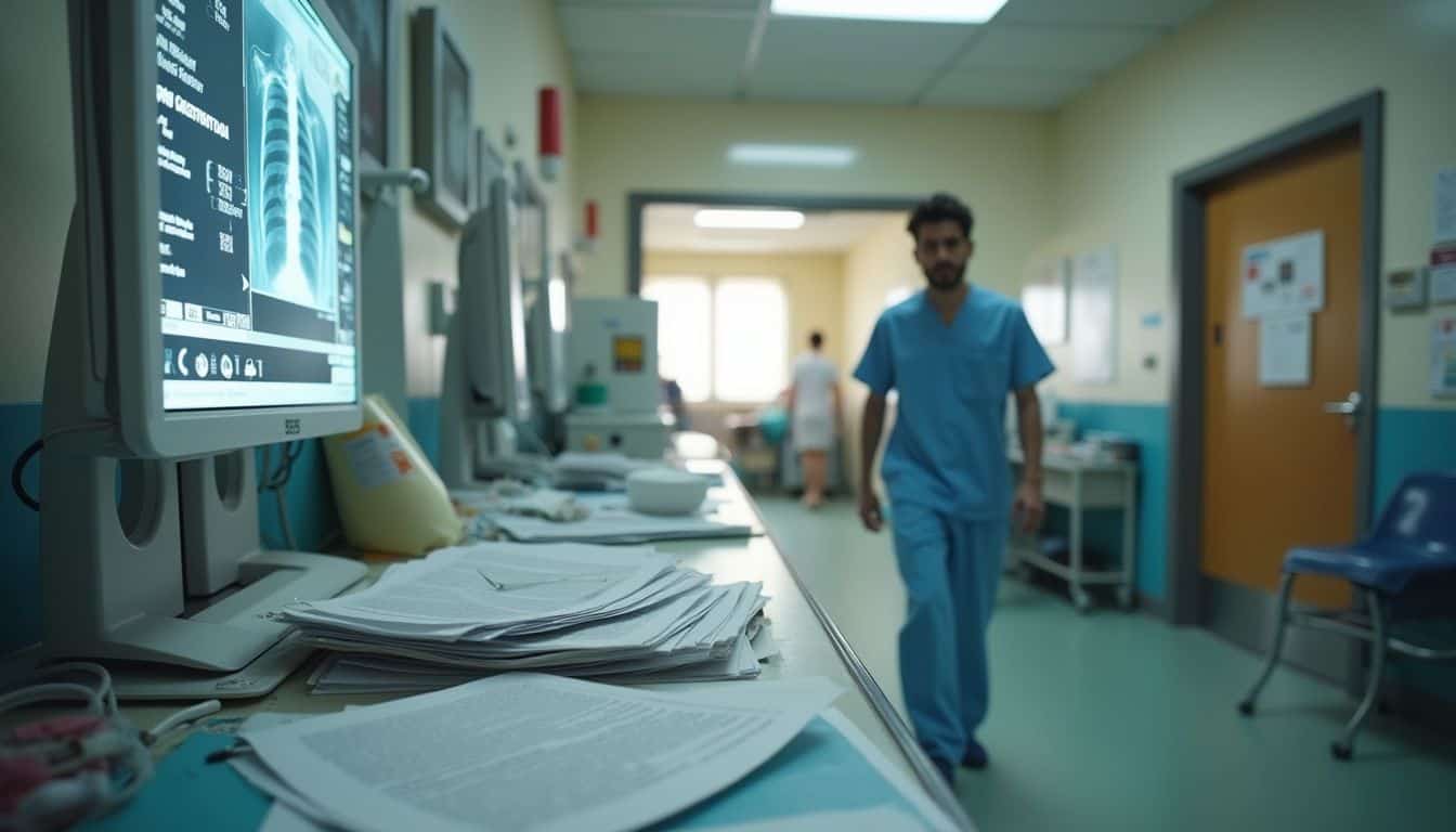 Busy emergency room where staff sort paperwork and move between patients. Busy emergency room where staff sort paperwork and move between patients.