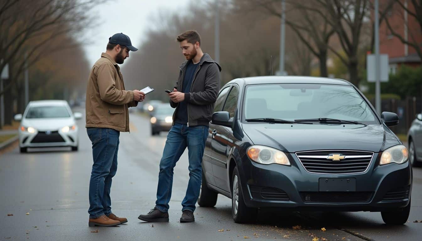 Two drivers exchange insurance details after a light crash. Two drivers exchange insurance details after a light crash.