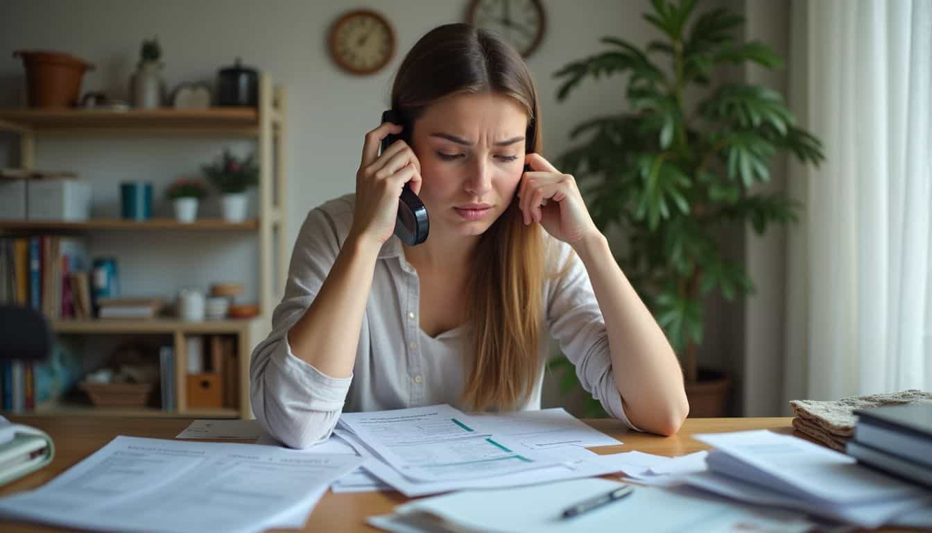 Woman sorting medical bills and insurance forms, looking stressed. Woman sorting medical bills and insurance forms, looking stressed.