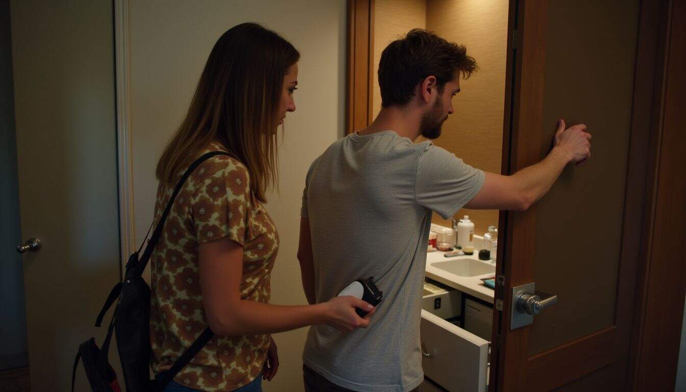 A couple checks a hotel room safe and door lock before heading out. A couple checks a hotel room safe and door lock before heading out.