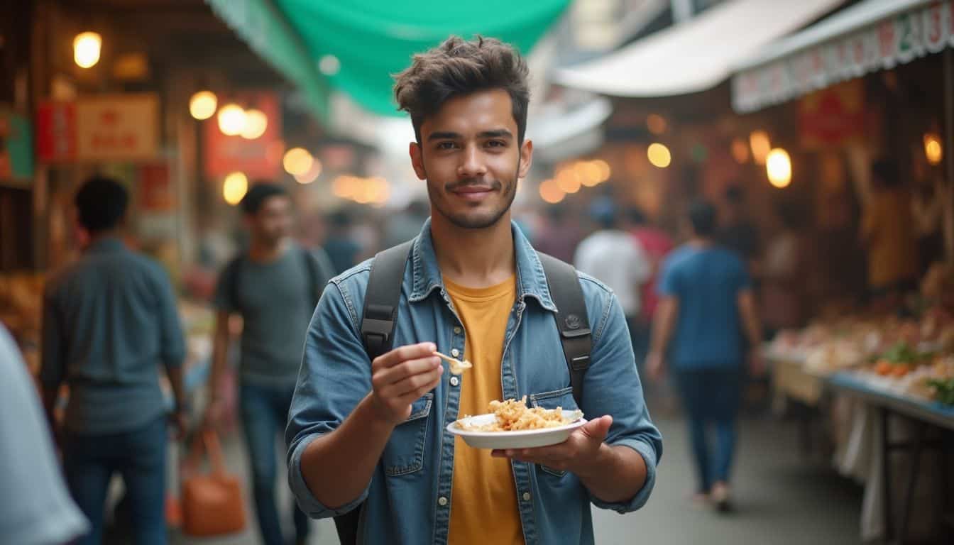 A traveler samples street food in a busy outdoor market. A traveler samples street food in a busy outdoor market.