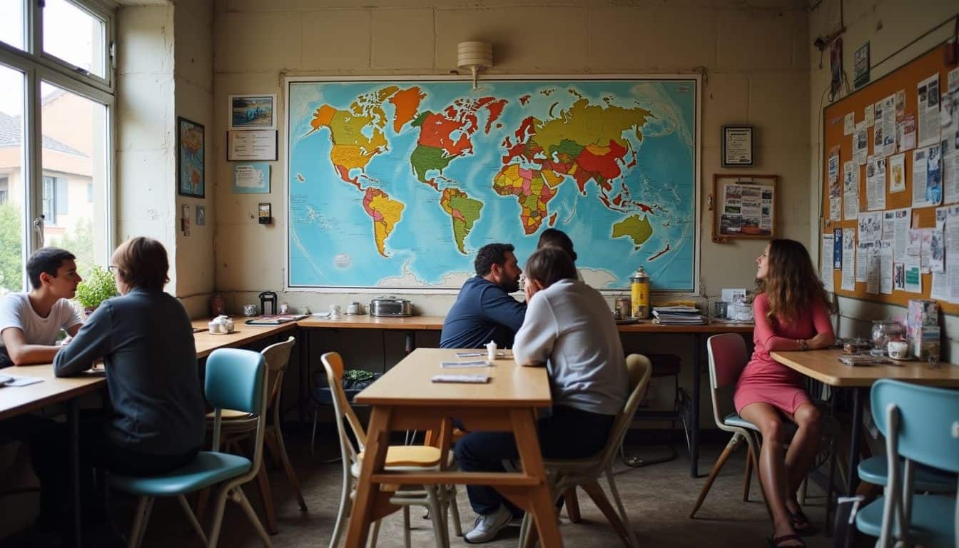 A shared hostel kitchen with travelers cooking and talking near a world map. A shared hostel kitchen with travelers cooking and talking near a world map.