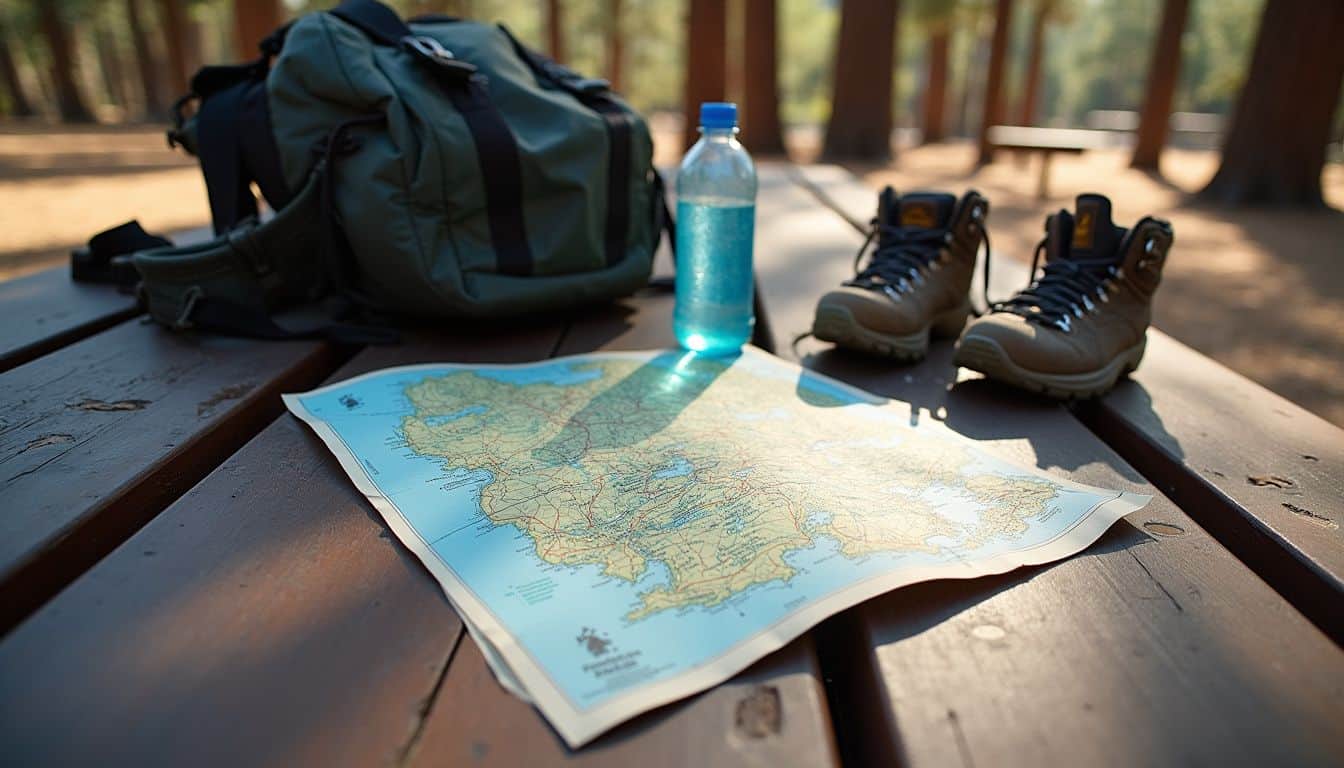 A hiking map on a picnic table with a backpack, water bottle, and dusty boots. A hiking map on a picnic table with a backpack, water bottle, and dusty boots.