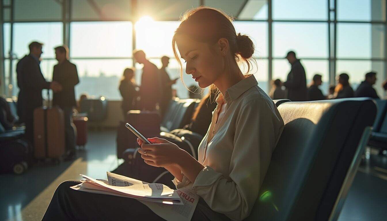 A traveler checks a phone while waiting at a crowded airport gate. A traveler checks a phone while waiting at a crowded airport gate.