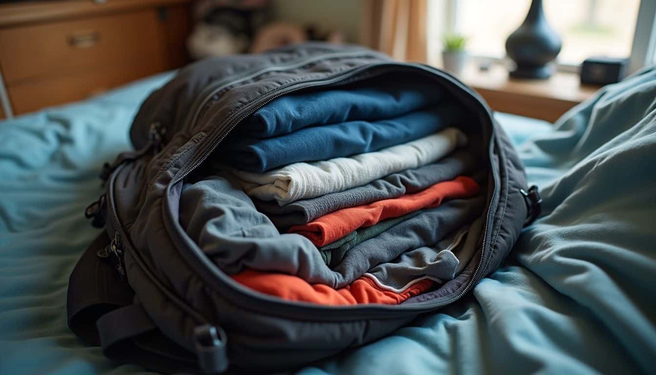 An open backpack on a bed showing mix-and-match travel clothes. An open backpack on a bed showing mix-and-match travel clothes.