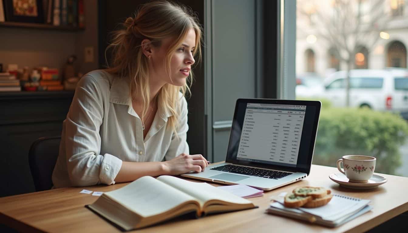A traveler checks a trip budget on a laptop beside guidebooks and lunch. A traveler checks a trip budget on a laptop beside guidebooks and lunch.