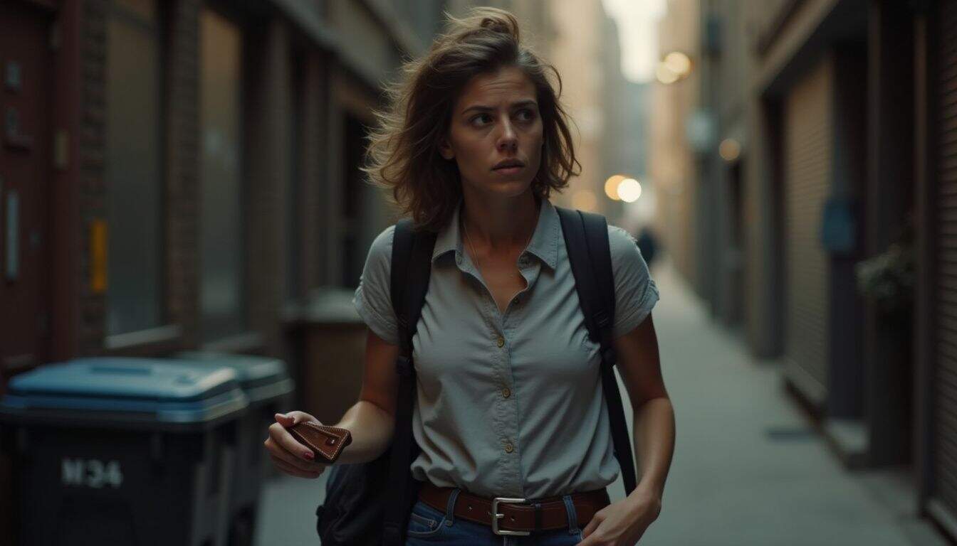 A traveler in a narrow alley checks belongings and looks around carefully. A traveler in a narrow alley checks belongings and looks around carefully.