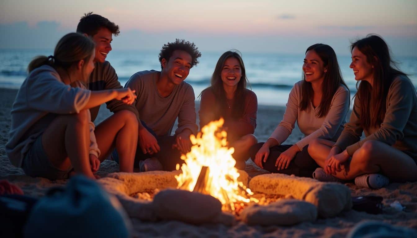 Friends gather around a beach bonfire at sunset, talking and laughing. Friends gather around a beach bonfire at sunset, talking and laughing.