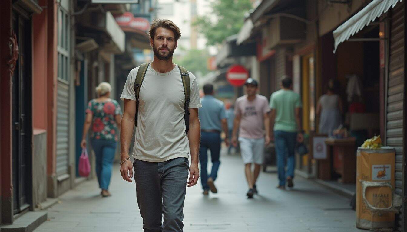 A traveler walks a busy city street lined with hostels and cafes. A traveler walks a busy city street lined with hostels and cafes.