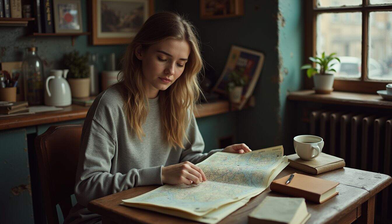 A traveler sits in a busy cafe, reviewing trip notes and sipping coffee. A traveler sits in a busy cafe, reviewing trip notes and sipping coffee.