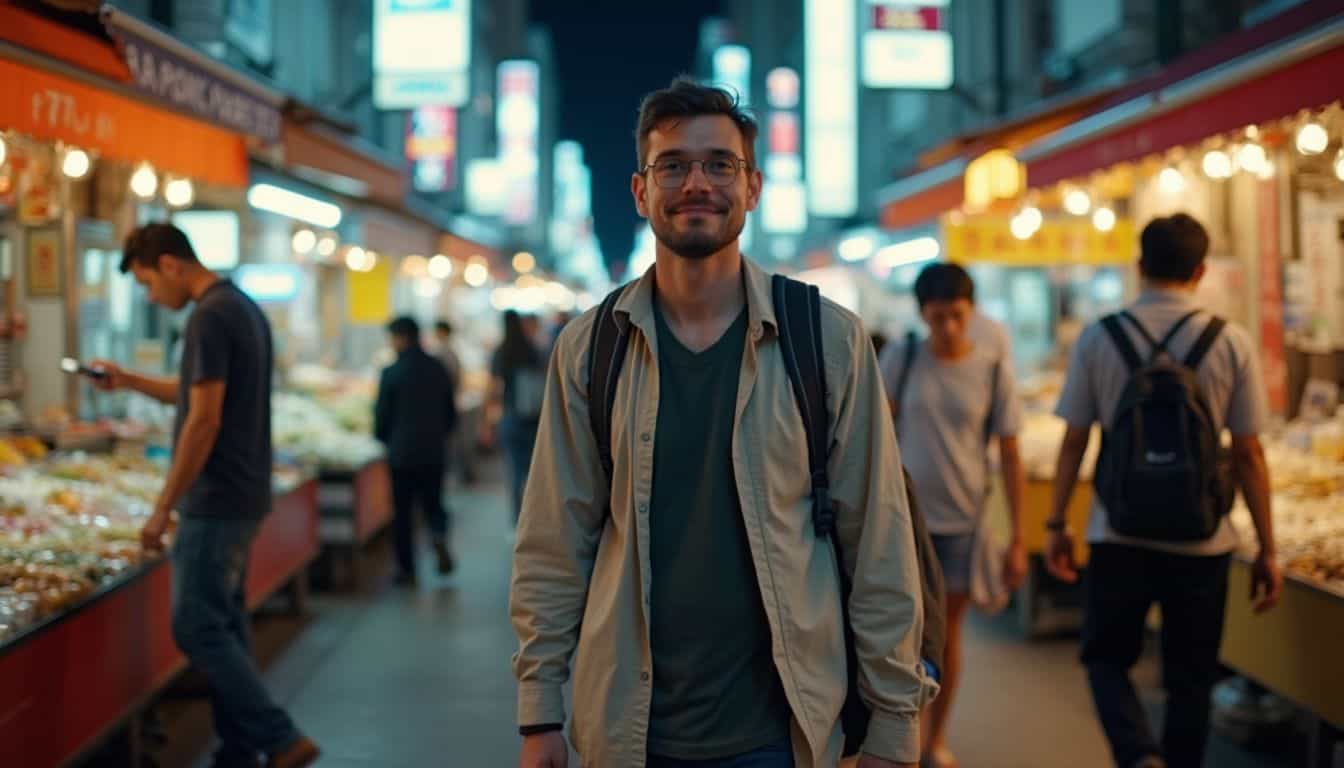 A traveler walks a busy Tokyo street lined with market stalls and locals. A traveler walks a busy Tokyo street lined with market stalls and locals.