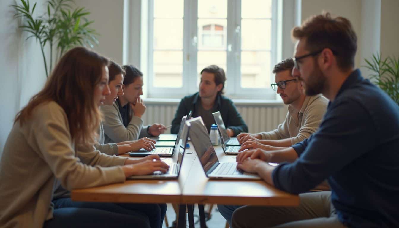 People work and chat around a big table in a shared workspace in Lisbon. People work and chat around a big table in a shared workspace in Lisbon.