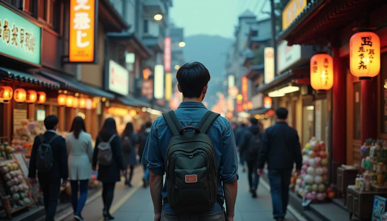 A solo traveler walks a lively street in Japan with modern and traditional buildings. A solo traveler walks a lively street in Japan with modern and traditional buildings.
