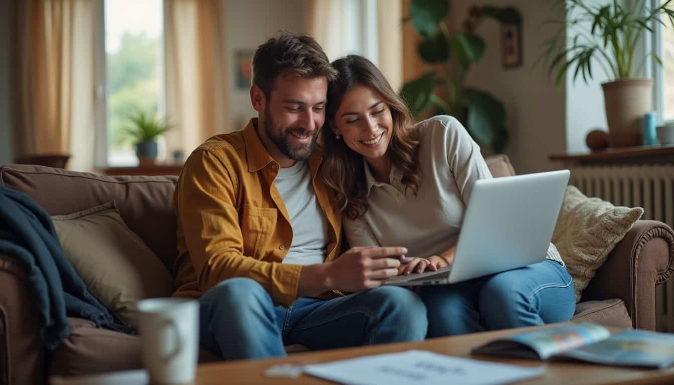 Two people plan a trip on a laptop with guidebooks and notes nearby. Two people plan a trip on a laptop with guidebooks and notes nearby.