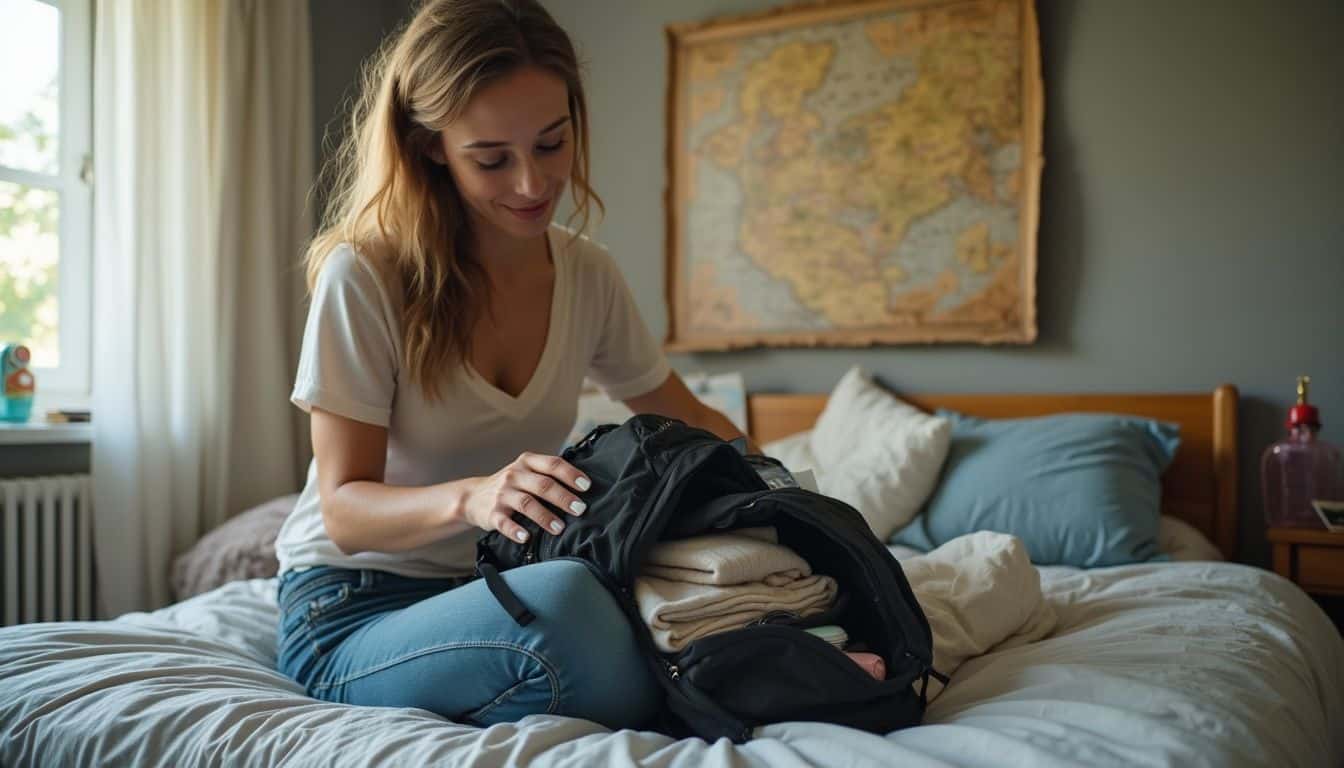 A traveler packs a backpack on a bed with clothes and small gear. A traveler packs a backpack on a bed with clothes and small gear.