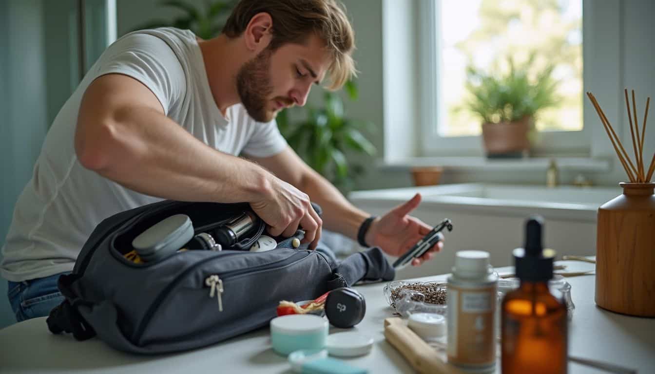 A traveler packs a small toiletry bag in a bathroom with everyday items. A traveler packs a small toiletry bag in a bathroom with everyday items.