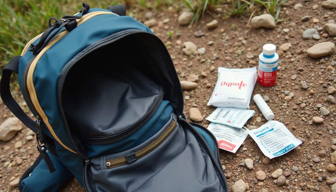 A hiker cleans a scrape on a rocky trail with a few first-aid items. A hiker cleans a scrape on a rocky trail with a few first-aid items.