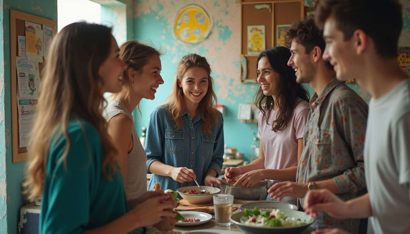 Travelers hang out and cook together in a colorful hostel kitchen. Travelers hang out and cook together in a colorful hostel kitchen.