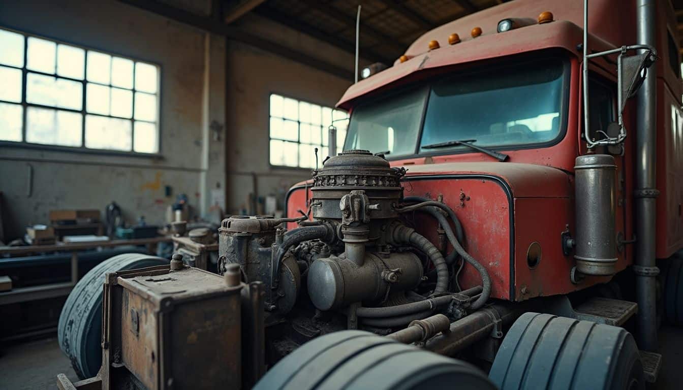 A semi-truck is parked inside a cluttered warehouse, showcasing its engine and fifth-wheel coupling. A semi-truck is parked inside a cluttered warehouse, showcasing its engine and fifth-wheel coupling.