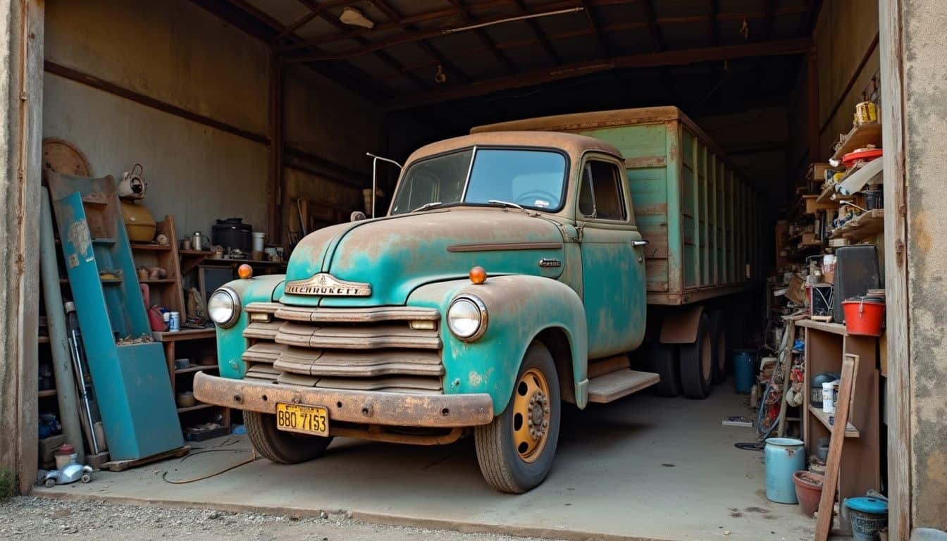 An old, dusty semi-trailer sits in a cluttered, vintage garage, showcasing signs of age and wear. An old, dusty semi-trailer sits in a cluttered, vintage garage, showcasing signs of age and wear.