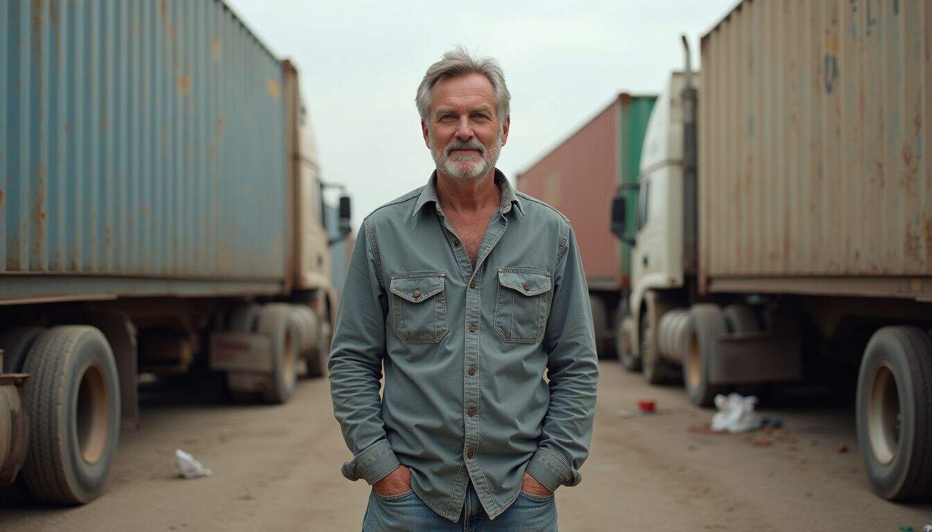 A casually dressed man stands relaxed between two worn trucks in a busy truck yard. A casually dressed man stands relaxed between two worn trucks in a busy truck yard.