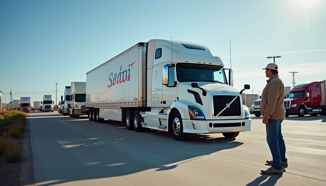 A casual truck driver stands beside a parked semi-trailer truck at a busy rest area. A casual truck driver stands beside a parked semi-trailer truck at a busy rest area.