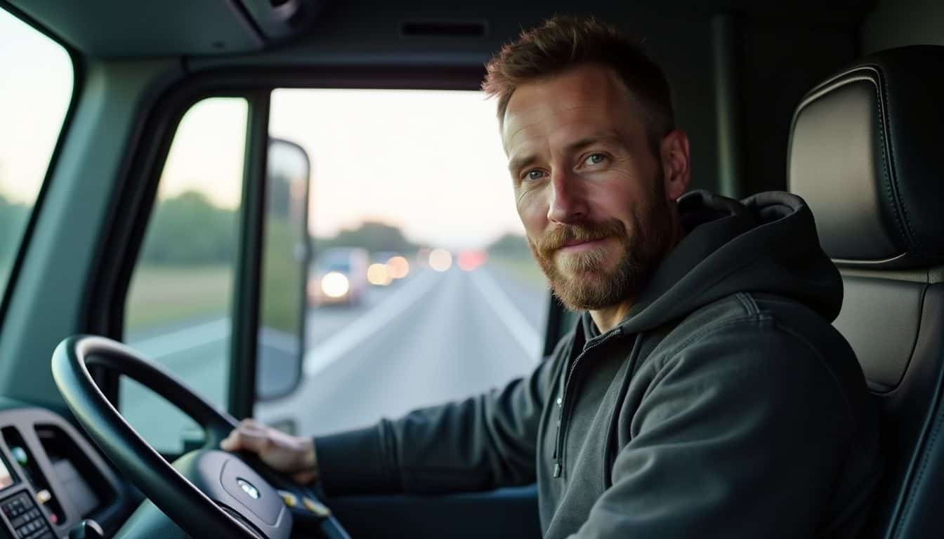 A relaxed truck driver sits in a cluttered electric semi-truck cab, contemplating life on a busy highway. A relaxed truck driver sits in a cluttered electric semi-truck cab, contemplating life on a busy highway.
