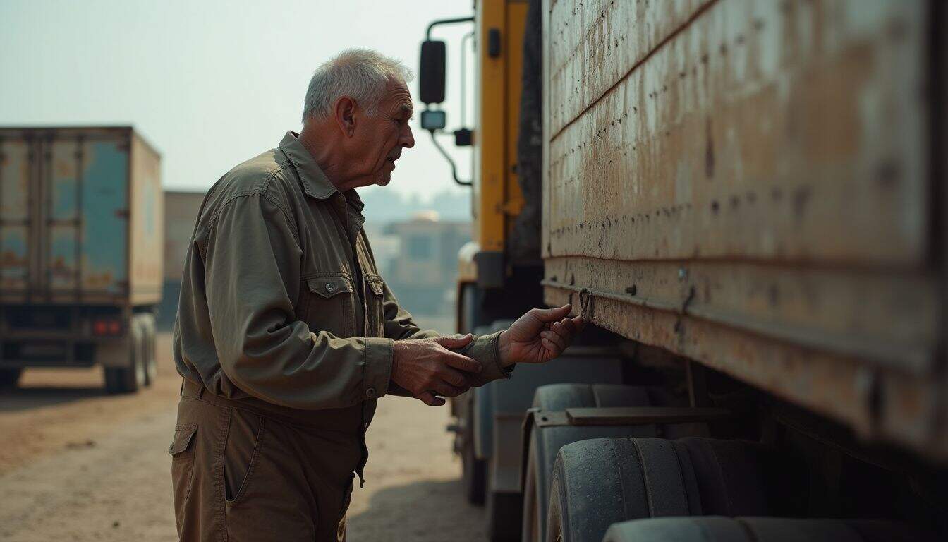 A middle-aged man inspects the hitch on a semi-trailer in a cluttered truck yard. A middle-aged man inspects the hitch on a semi-trailer in a cluttered truck yard.