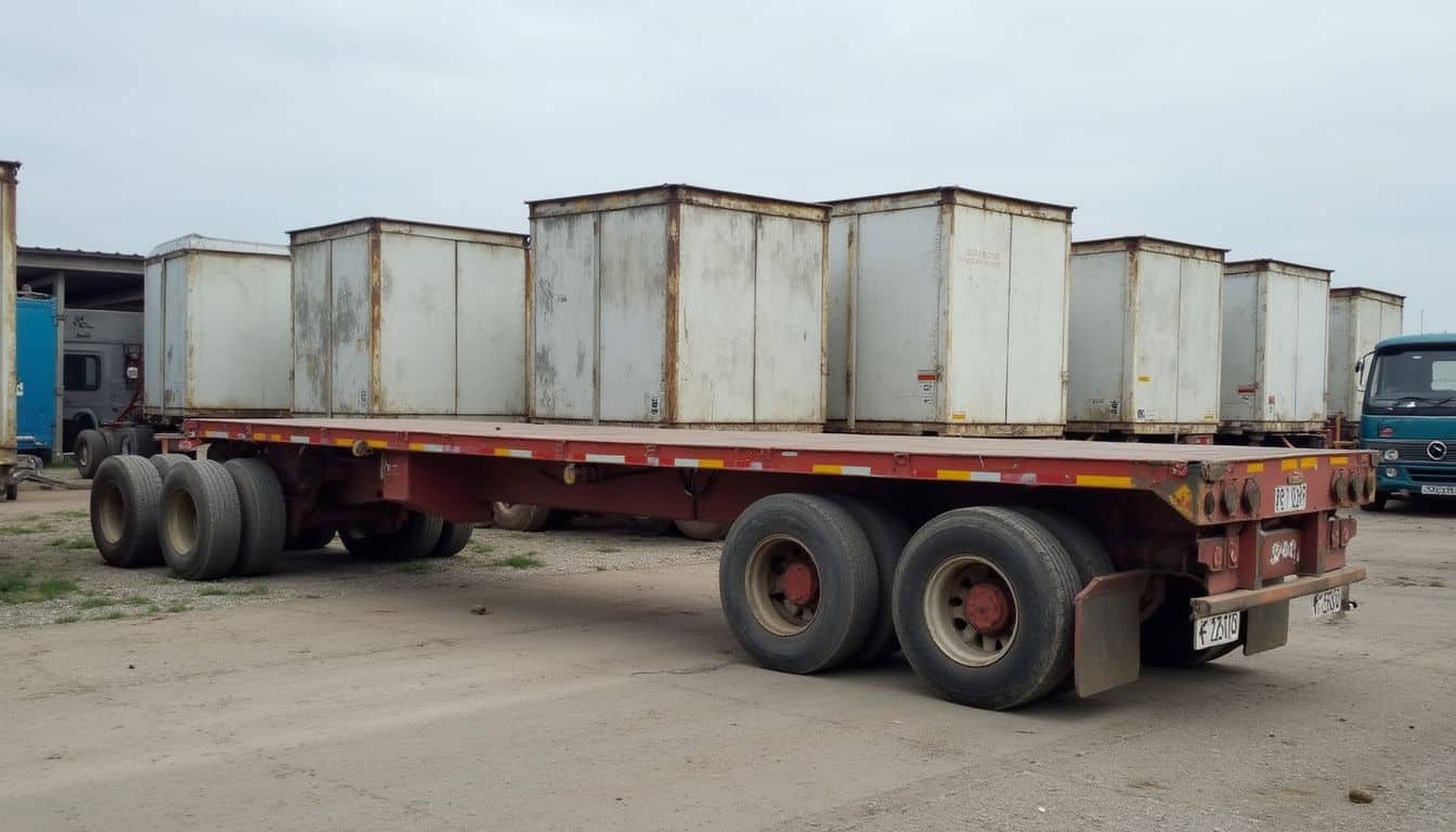A semi-trailer with dual rear axles is parked in an industrial yard among other trailers, reflecting a working environment. A semi-trailer with dual rear axles is parked in an industrial yard among other trailers, reflecting a working environment.
