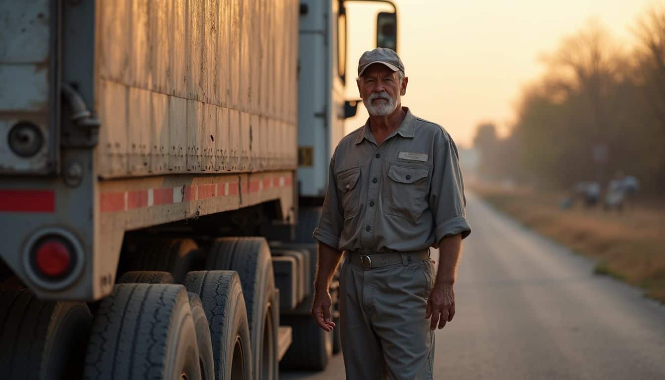 A middle-aged man in work clothes stands beside a dusty semi-truck on a rough roadside. A middle-aged man in work clothes stands beside a dusty semi-truck on a rough roadside.