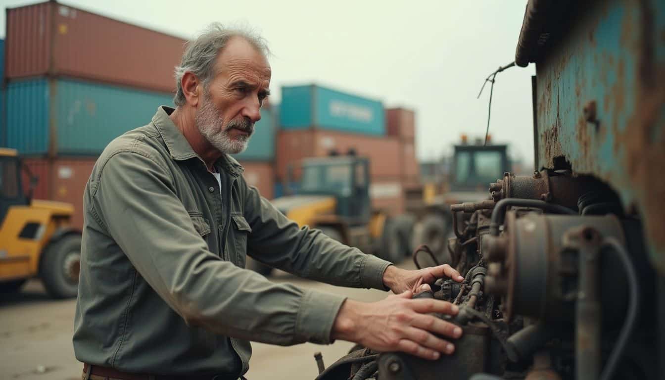 A middle-aged man inspects the engine of an old tractor unit in a cluttered industrial yard. A middle-aged man inspects the engine of an old tractor unit in a cluttered industrial yard.