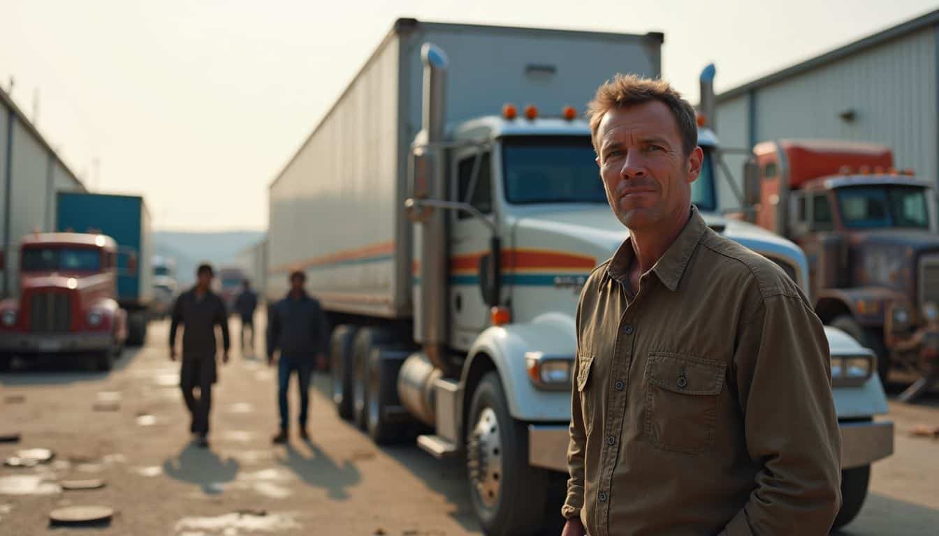 A semi-truck is parked in a busy industrial yard with workers and equipment scattered around. A semi-truck is parked in a busy industrial yard with workers and equipment scattered around.