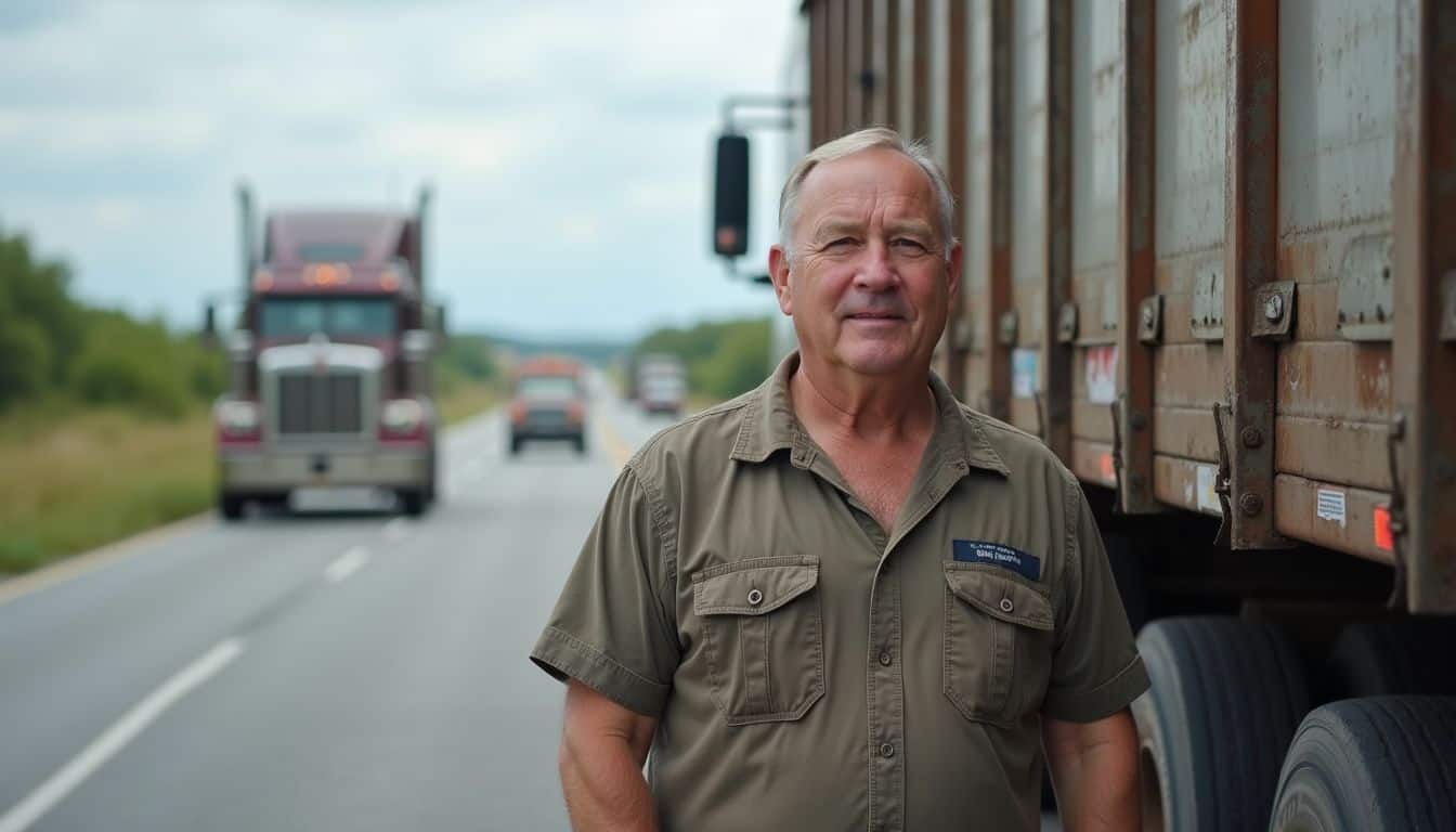 A middle-aged man stands casually next to his semi-truck on the highway amidst passing traffic. A middle-aged man stands casually next to his semi-truck on the highway amidst passing traffic.