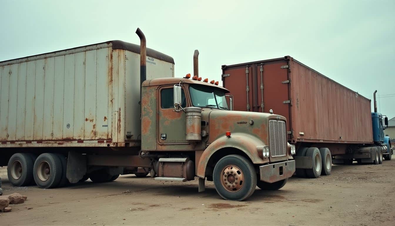 An old semi-trailer and rusty tractor unit are parked in a dusty, messy lot, capturing everyday life. An old semi-trailer and rusty tractor unit are parked in a dusty, messy lot, capturing everyday life.